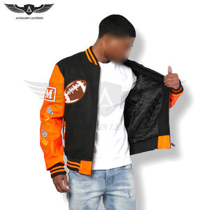 Veste Lettermen brodée en chenille imprimée avec logo personnalisé, services OEM à contraste de couleur orange et noir à vendre vestes d'hiver - Product Image 2