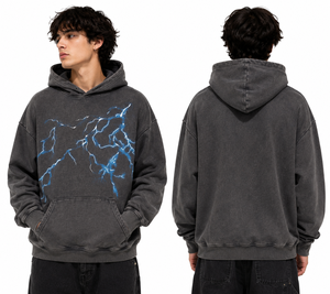 Sweat à capuche surdimensionné pour homme, brodé, gris foncé, imprimé éclairs, 100% fibre de bambou, décontracté, automne - Product Image 1