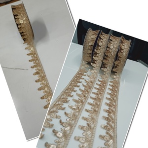 Luxury Golden <b>Embroidered</b> <b>Tulle</b>/Net Sarees Gowns Couture Dupattas with Metallic Thread Embroidery for Bridal Wear Shoes Bags - Product Image 6