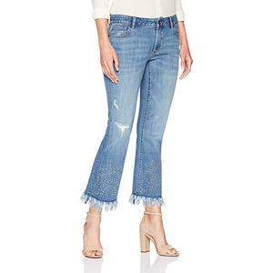 กางเกงยีนส์ระบายอากาศได้ดีของผู้หญิงไซส์ XL เอวกลางมีกระดุมตกแต่งแบบลำลองสีพื้นพิมพ์ลายขนาดกลาง - Product Image 3