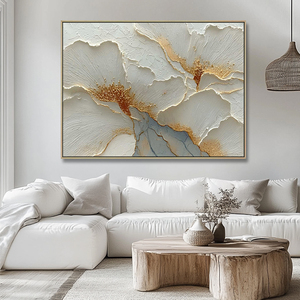 Cuadro Grande Hecho a Mano en Yeso con Flores Doradas y Blancas, Arte Moderno en Lienzo con Textura, Cuadros de Flores, Diseño Moderno Quadri Arte - Product Image 1