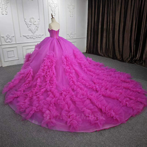 Robe de bal chic fuchsia sans bretelles avec volants et plis, pour Quinceañera, pour filles, avec perles, appliqués, imprimé cristal, pour fêtes naturelles - Product Image 3