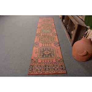 Alfombra de área grande de lana turca Vintage auténtica, 23x10,6 pies, diseño de retazos rosa y verde para sala de estar, pasillo, tejido de látex - Product Image 1