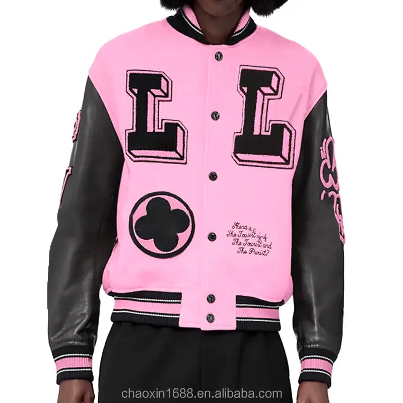 OEM-chaqueta de cuero con logotipo bordado de chenilla personalizada para hombre, Mangas de cuero, color rosa claro, estilo Bomber de béisbol, Letterman, equipo universitario, 2023