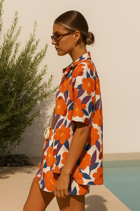 Femmes et filles été Laser Orange et blanc chemise et tube Shorts ensemble coordonné ceinture tissée point culminant bas prix - Product Image 4