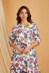 Vestido Kurti Plazo de Chifón Estampado Lavable para Mujer 2024, Multicolor, Mangas Tres Cuartos, Cómodo, Largo Midi - Product Image 6