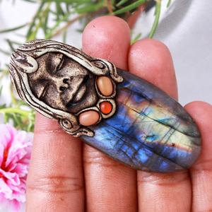 Collier pendentif classique en argile polymère naturelle Labradorite Multi Fire, 40-45mm, bijoux unisexes - Product Image 1