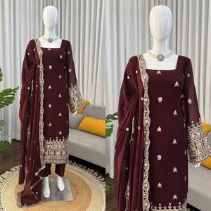 Conjunto de 3 Piezas de Kurti Bordado en Georgette Sintético Puro para Adultos con Pantalón con Bolsillo y Dupatta, Estilo Indio Pakistaní para Fiestas - Product Image 2