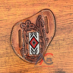 Funda de Cuero para Navaja, Estilo Occidental, con Diseño Floral Grabado a Mano y Adornos de Cuentas, Funda Plana de Cuero Genuino para Navaja Plegable - Product Image 1
