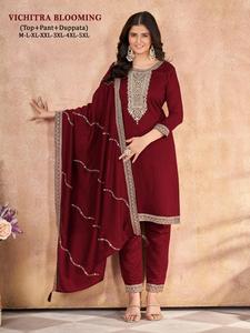 Vêtements ethniques à la demande Blooming Vichitra Silk avec broderie Work Straight Cut Salwar Kameez Suit du fournisseur indien - Product Image 4