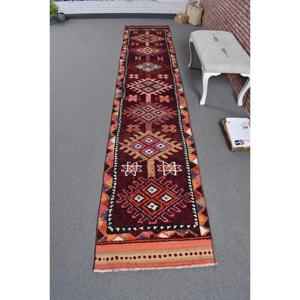 Vintage Turkish Rug, 2.4x13.2 ft Herki Rug, <b>Red</b> Patchwork <b>Wool</b> Rug - Product Image 1