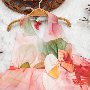 Robe de fête en mousseline de soie sans manches, longueur genou, entièrement cousue, à imprimé floral pêche, pour filles, de la marque Shoryam, pour anniversaire, fête - Product Image 3