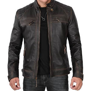 Vestes en cuir de motard à fermeture éclair en gros, OEM, nouvelle veste en cuir décontractée, veste varsity coupe-vent, veste en cuir de vache personnalisée, col montant pour homme - Product Image 2