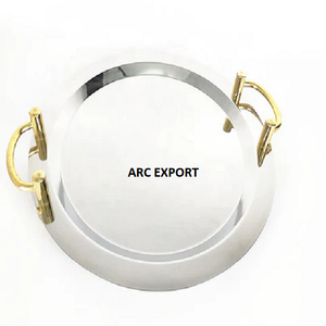 Forma grande redonda de color blanco con bandeja de servicio de decoración de 2 manijas fuertes de metal dorado - Product Image 6