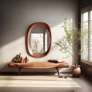 <b>Walnut</b> Asymmetrical Wall Art Deco <b>Mirror</b> Unique Mid-Century Modern Design Handmade Wooden Framed - Product Image 6