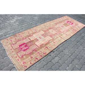 Vintage Rug 3.37x9.6 ft, <b>Brown</b> Pink Floral <b>Wool</b> Turkish Rug - Product Image 3
