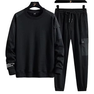 <b>Mens</b> Fashionable Cargo Sweat Set Black Pullover & Jogger Pants Perfect for Sports <b>Crewneck</b> <b>Sweatshirt</b> & Cargo Pants - Product Image 1