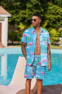 Conjunto de 2 Piezas de Verano para Hombre, Estilo Hawaiano, Estampado 3D, Tejido de Punto a Rayas, Mangas Cortas, Casual, Transpirable, Trajes Cortos, Conjuntos Casuales, Cómodos - Product Image 4