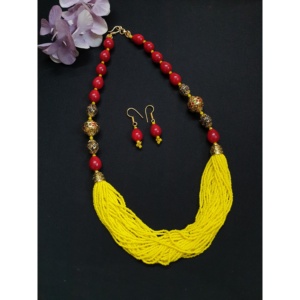 Conjunto de collar llamativo con cuentas rojas y amarillas hechas a mano, joyería étnica india con pendientes a juego - Product Image 2