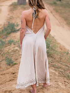 Maxi vestido de algodón estilo bohemio para mujer, cuello en V, sin mangas, bordado, étnico, verano, ropa de playa, ecológico, lavable, hecho sólido, India - Product Image 4