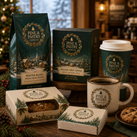 Coffret cadeau de Noël personnalisé AT PACK avec sacs à café, tasses, gobelets, sacs fourre-tout, boîtes et fournitures de café de marque pour les fêtes