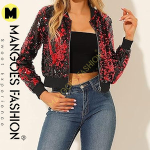 Chaqueta de lentejuelas para mujer Cremallera arriba Fiesta Bomber rojo Chaquetas brillantes-Prendas de abrigo de moda para eventos Chaquetas de lentejuelas - Product Image 3