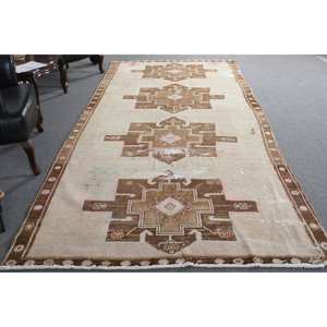 Vintage <b>Brown</b> Beige <b>Wool</b> Rug 5.7 X 12.6 ft Handmade Classic Turkish Rectangle Patchwork Design Latex Bedside Rugs for Teens - Product Image 5