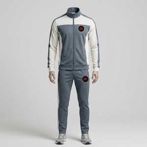Conjunto Deportivo Gris y Crema para Hombre, Chaqueta Deportiva con Cierre Completo, Pantalones Jogger, Ropa Deportiva Colorblock para Entrenamiento, Gimnasio, Running, Fitness - Product Image 1