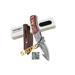 Couteau de poche damas en manche en bois avec gaine en cuir de 6 "cadeau de chasse manuel à haute teneur en carbone 1095 + 15N20 - Product Image 4