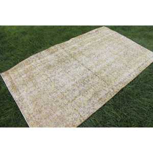 Vintage Area Rug 4x6.7 ft (121x204 cm), Turkish <b>Yellow</b> Animal Print <b>Wool</b> Rug - Product Image 4