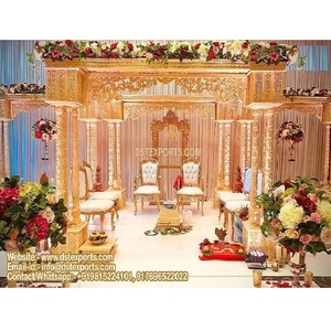 Mandap de Boda Indio con Aspecto de Madera, Decoración Exclusiva de Mandap de Triple Pilar para Bodas, Mandap de Boda Único Estilo Rajwada, EE. UU. - Product Image 1