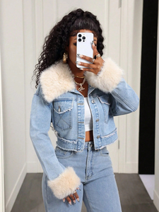 Vestes courtes en jean délavé tendance européennes et américaines, coupe ajustée, bleu tendance pour femme, bords bruts, prix abordable - Product Image 3