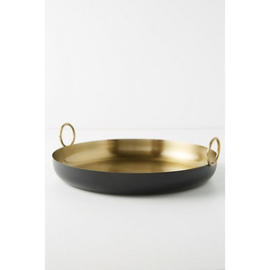 Plateau de service de plats sucrés fantaisie de table en acier inoxydable revêtement sans danger pour les aliments forme ronde couleur or et noir plateau à poignée d'esprit - Product Image 1