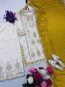 Mustard Yellow Pakistani Designer Georgette fully embroidered Sequence Work Readymade Salwar Kameez Stitched <b>Wedding</b> Wear <b>Suits</b> - Product Image 4