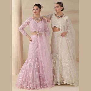 Lehenga de red de corte de pescado Rosa rubor elegante con trabajo de bordado a mano pesado perfecto para todas las ocasiones de La India al por mayor en precio - Product Image 4