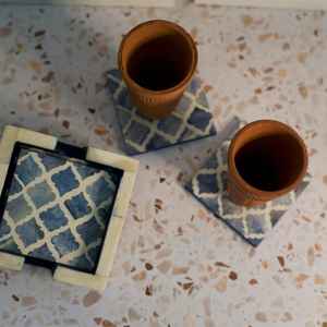 Ensemble de sous-verres modernes en bois avec incrustation d'os, 4 pièces, logo personnalisable écologique de haute qualité, style classique, maison, hôtel et restaurant - Product Image 1