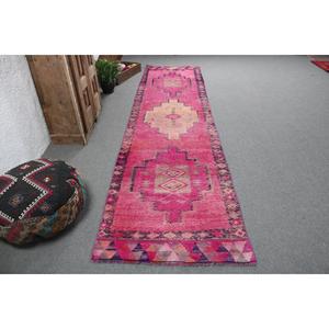 Tapis de couloir vintage, tapis turc 3,2x12,7 pieds, tapis en laine rose avec motifs de plantes et d'arbres - Product Image 1