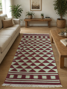 Flat Weave Cotton <b>Thick</b> Area <b>Rug</b> Maroon Hexagon Pattern Floor Carpet with Fringe Tassels for Living Room Modern Home Decor - Product Image 1