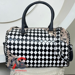 Premium Hand-Tooled Cow Leather Speedy Duffel Bag Western Black & <b>White</b> Checkered Large Shoulder <b>Handbags</b> for Travel & Daily Use - Product Image 1