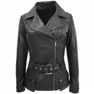 Veste de motard en cuir véritable noir pour femmes, ceinture, manteau moto, fermeture éclair asymétrique, coupe ajustée, vêtements de moto pour femmes - Product Image 1