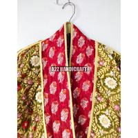 Chaqueta de mujer con cuello en V acolchada de algodón con estampado nuevo hecho a mano indio abierto frontal para mujer BohoCoat Floral Block Vintage Boho Coat