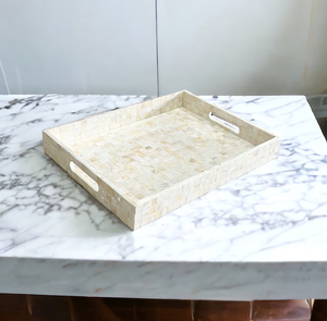 Plateau de service en bois rectangulaire fait à la main Flora Plats décoratifs de luxe occidentaux minimalistes Assiettes Incrustation d'os écologique Mère - Product Image 2