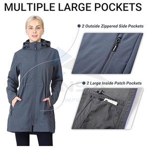 Veste Softshell pour femme, d'extérieur, avec capuche amovible, doublée en polaire, isolée, longue, coupe-vent, gris, bleu chiné - Product Image 5