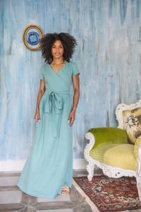 Women's Summer Maxi <b>Dress</b> Long Sleeves Natural Waistline Eco-Friendly <b>Linen</b> <b>Wrap</b> Woven Plain Dyed Fashionable Summer Solid - Product Image 3