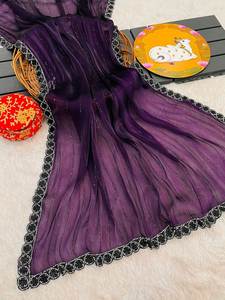 Saree en soie de créateur avec séquence de bordure en dentelle épaisse, beau style pakistanais pour les cérémonies de mariage et de fête - Product Image 6