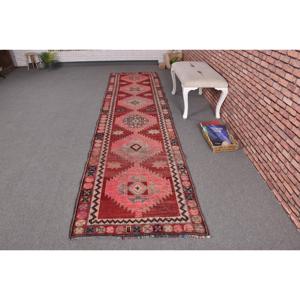 Alfombra Turca Vintage de Lana Roja Herki, 2.9x11.9 pies - Product Image 1