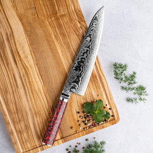 Venta al por mayor de alta calidad personalizado japonés cocina Chef cuchillo Damasco acero rojo resucitado mango de fibra de carbono OEM ODM Extra afilado - Product Image 2