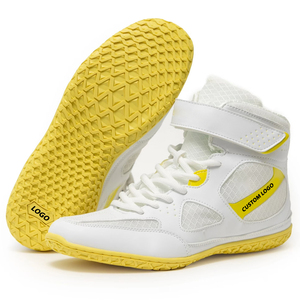 Chaussures de boxe personnalisées avec logo, couleur jaune et blanche, respirantes, légères, à cheville haute, fermeture à lacets, vêtements de combat pour adultes - Product Image 1