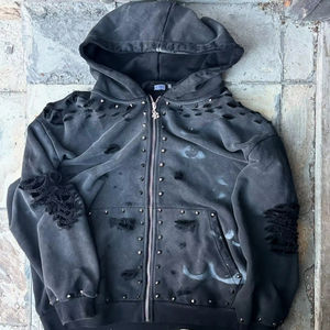 Custom Acid Wash Distressed Streetwear Clothing Duck Canvas Vintage Hoodie <b>Zip</b> <b>up</b> Denim Sun Faded Hooded <b>Jacket</b> Men - Product Image 4