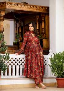 Beau costume indien Anarkali imprimé Mill avec imprimés de moulin complexes pour vêtements de fête et ethniques du fournisseur en gros - Product Image 6